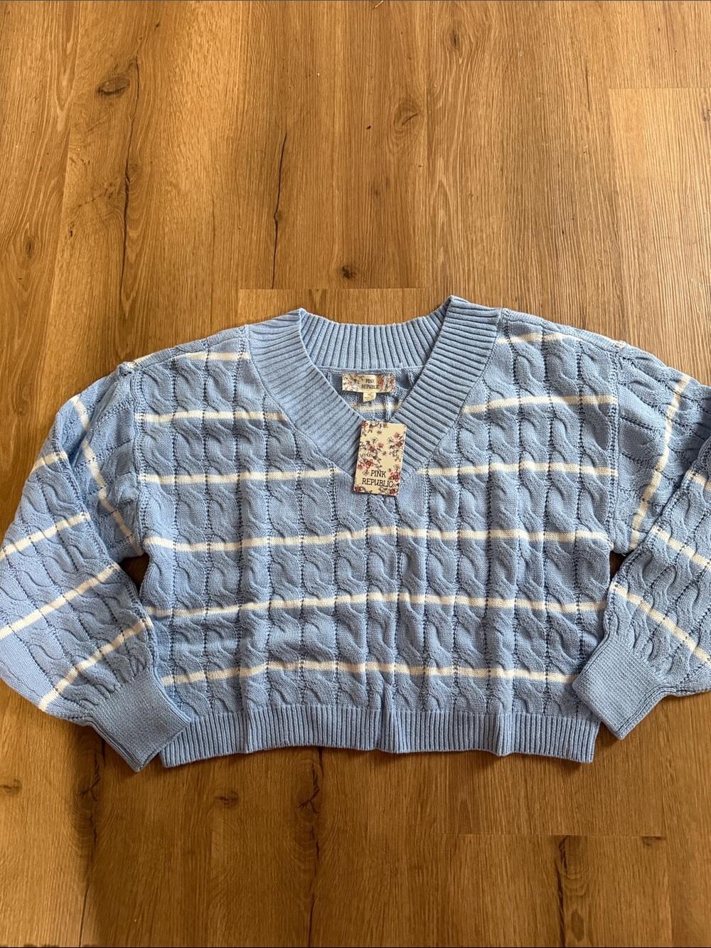 Pink Republic Light Blue Cable Knit V-Neck Sweater with White Stripes